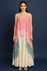 Multi Colored Georgette Square Neck High and Low Layered Asymmetric Hem Detail Co-Ord Set