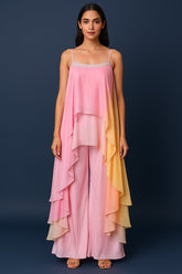 Pink Georgette Square Neck High and Low Layered Asymmetric Hem Detail Co-Ord Set