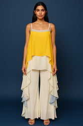 Yellow Georgette Square Neck High and Low Layered Asymmetric Hem Detail Co-Ord Set