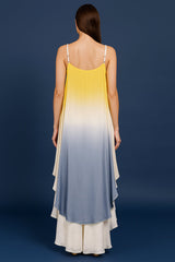 Yellow Georgette Square Neck High and Low Layered Asymmetric Hem Detail Co-Ord Set