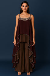 Maroon and Taupe Georgette Square Neck High and Low Layered Asymmetric Hem Detail Co-Ord Set