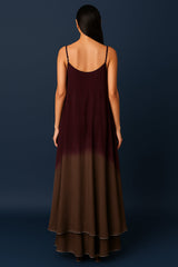 Maroon and Taupe Georgette Square Neck High and Low Layered Asymmetric Hem Detail Co-Ord Set