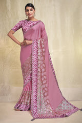 Pink Crepe Georgette Saree with Sequins Work On Border