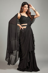 Black Embellished Pre Stitched Ruffled Saree in Chiffon Georgette with Cutdana and Sequins Work Blouse
