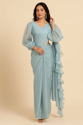 Light Blue Organza Plain Readymade Ruffle Saree