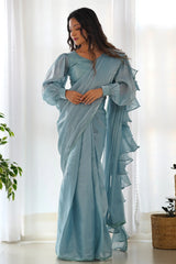 Light Blue Organza Plain Readymade Ruffle Saree