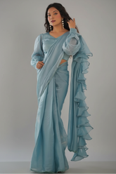 Light Blue Organza Plain Readymade Ruffle Saree