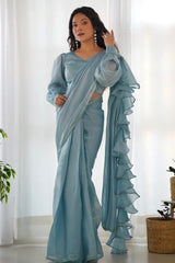 Light Blue Organza Plain Readymade Ruffle Saree