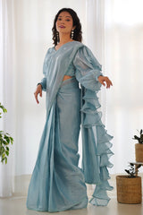 Light Blue Organza Plain Readymade Ruffle Saree