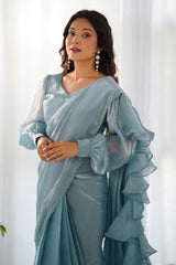 Light Blue Organza Plain Readymade Ruffle Saree