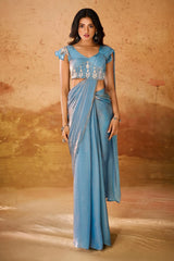 Powder Blue Organza Readymade Fancy Saree