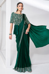 Green Shimmer Chiffon Readymade Saree with Peplum Style Blouse