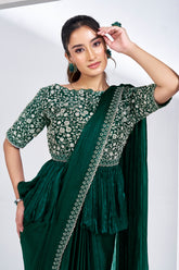 Green Shimmer Chiffon Readymade Saree with Peplum Style Blouse - green chiffon saree