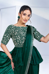 Green Shimmer Chiffon Readymade Saree with Peplum Style Blouse - green chiffon saree