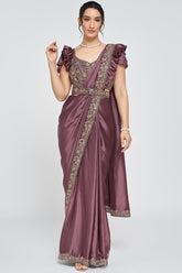 Lavender Crepe Satin Silk Readymade Saree with Beads Embroidery Lace and Pentagon Neckline Blouse