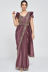 Lavender Crepe Satin Silk Readymade Saree with Beads Embroidery Lace and Pentagon Neckline Blouse