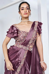 Lavender Crepe Satin Silk Readymade Saree with Beads Embroidery Lace and Pentagon Neckline Blouse - lavender silk saree embro