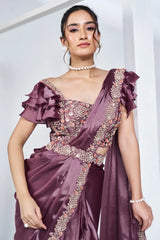 Lavender Crepe Satin Silk Readymade Saree with Beads Embroidery Lace and Pentagon Neckline Blouse