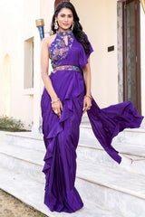 Satin Crepe Silk Plain Ruffled Readymade Saree with Halter Neck Blouse