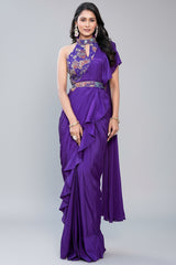 Satin Crepe Silk Plain Ruffled Readymade Saree with Halter Neck Blouse