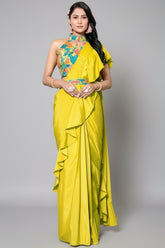 Satin Crepe Silk Plain Ruffled Readymade Saree with Halter Neck Blouse - silk saree