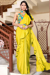 Satin Crepe Silk Plain Ruffled Readymade Saree with Halter Neck Blouse
