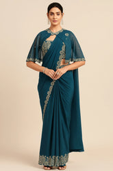 Rama Blue Satin Silk Readymade Saree with Poncho Style Blouse