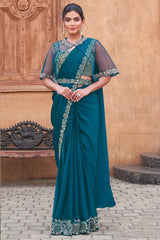 Rama Blue Satin Silk Readymade Saree with Poncho Style Blouse
