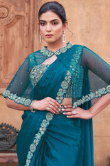 Rama Blue Satin Silk Readymade Saree with Poncho Style Blouse
