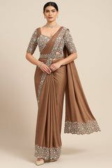 Brown Satin Silk Readymade Saree with Sequin and Pearl Work
