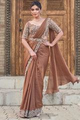 Brown Satin Silk Readymade Saree with Sequin and Pearl Work