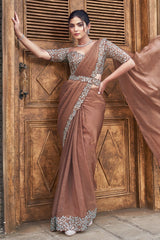 Brown Satin Silk Readymade Saree with Sequin and Pearl Work