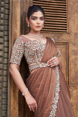 Brown Satin Silk Readymade Saree with Sequin and Pearl Work