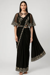 Black Satin Silk Readymade Saree with Poncho Blouse