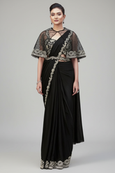 Black Satin Silk Readymade Saree with Poncho Blouse