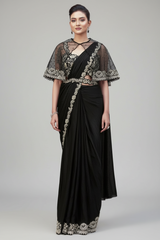 Black Satin Silk Readymade Saree with Poncho Blouse