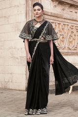 Black Satin Silk Readymade Saree with Poncho Blouse