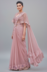 Dusty Pink Satin Silk Readymade Saree with Poncho Blouse