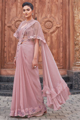 Dusty Pink Satin Silk Readymade Saree with Poncho Blouse