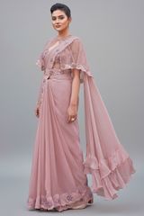 Dusty Pink Satin Silk Readymade Saree with Poncho Blouse