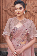 Dusty Pink Satin Silk Readymade Saree with Poncho Blouse