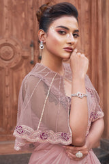 Dusty Pink Satin Silk Readymade Saree with Poncho Blouse