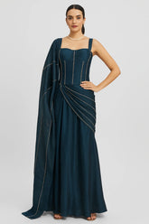 Indigo Dye Blue Organza Beaded Lehenga Pre-Draped Saree with Corset