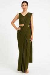 Olive Green Organza Pre Stitched Saree