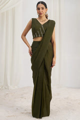 Olive Green Organza Pre Stitched Saree