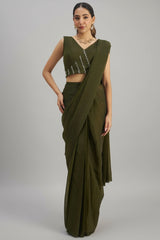 Olive Green Organza Pre Stitched Saree