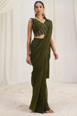 Olive Green Organza Pre Stitched Saree
