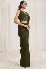 Olive Green Organza Pre Stitched Saree