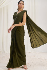 Olive Green Organza Pre Stitched Saree