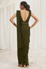 Olive Green Organza Pre Stitched Saree